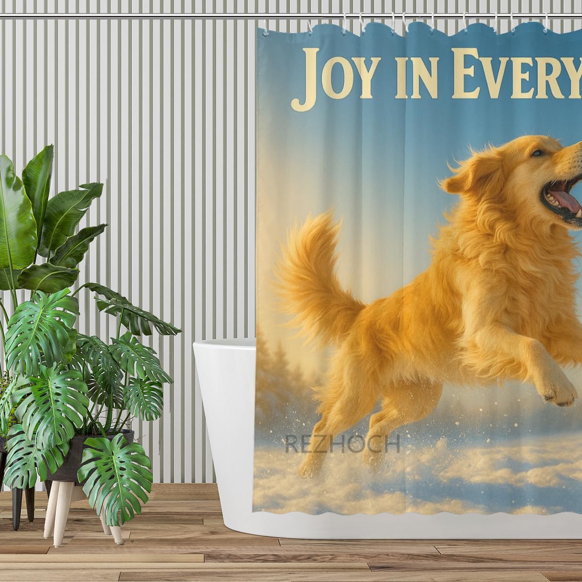 REZHOCH Golden Retriever Jump Shower Curtain Durable Waterproof Fabric Bathtub Sets Funny Animal Winter Snowy Frisbee Bathroom Home Decor Decoration 72x72inch with 12 Hooks