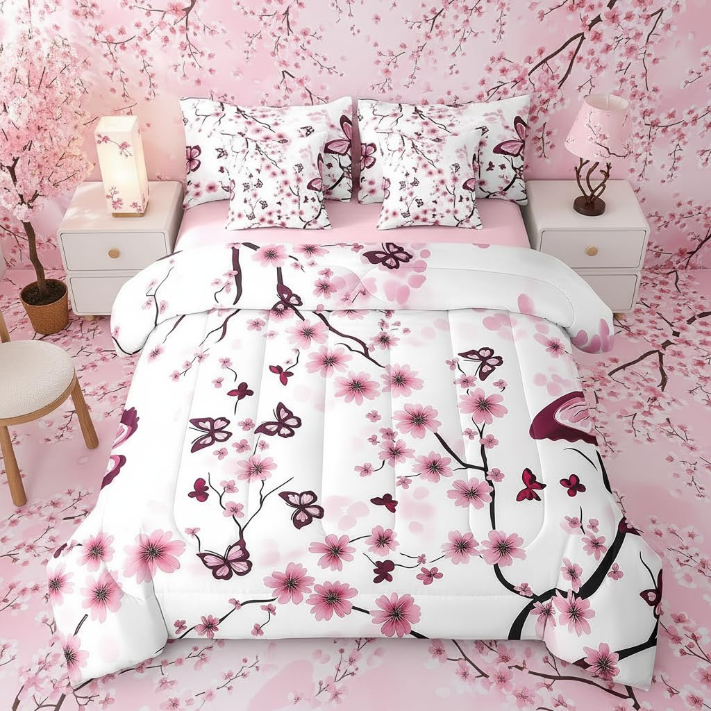 Erosebridal Cherry Blossom 7 Piece Comforter Set Queen Bed in a Bag,Spring Elegant Flowers Butterfly Bedding Set for Girls Women,Girly Japanese Style Quilt Duvet,Botanical Floral Bed Set,Pink Purple