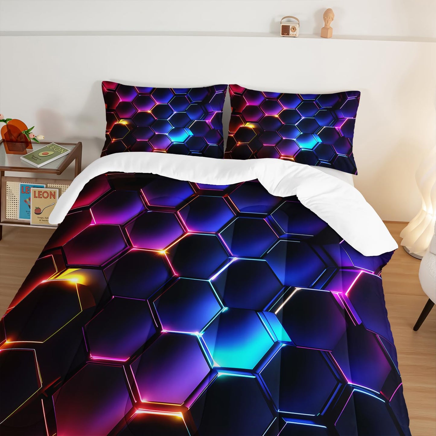 HOSIMA 3D Honeycomb Comforter Set - Queen Size, Geometric Hexagon Pattern Bedding Set for Kids Teens Boys Room Decor, Purple Blue Neon Lights Comforter Set with 2 Pillowcases