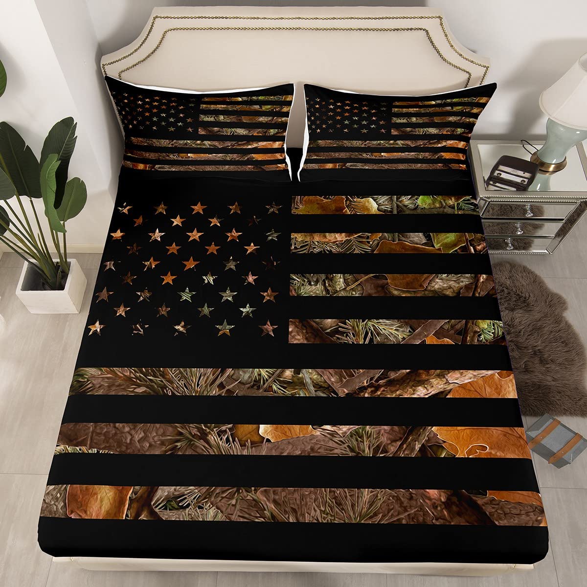 American Flag Camo Bedding Set King,Military Hunting Bed Sheets Rustic Tree Leaves Camouflage Bed Sheet Set for Boys Teens Kids Man Nature Conifer Oak Branches Fitted Sheet & Flat Sheet 3 Pcs