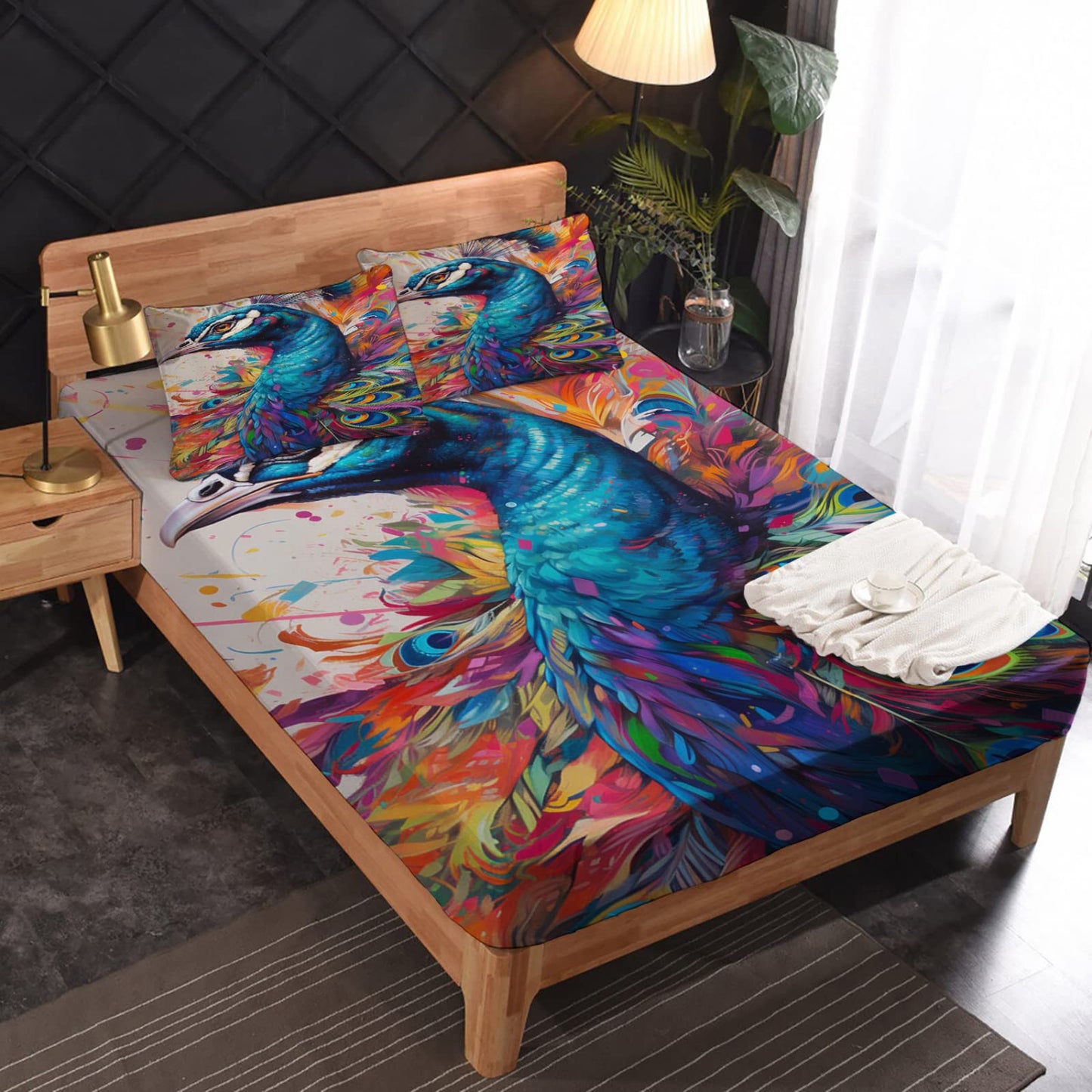 zcwl Queen Sheets Set, Peacock Bed Sheets - Microfiber Bedding Sheets & Pillowcases 4 Piece, Bird Colorful Animal Patterned Sheet Set, 16 Inch Deep Pocket Fitted Sheet, Silky Soft Wrinkle Free