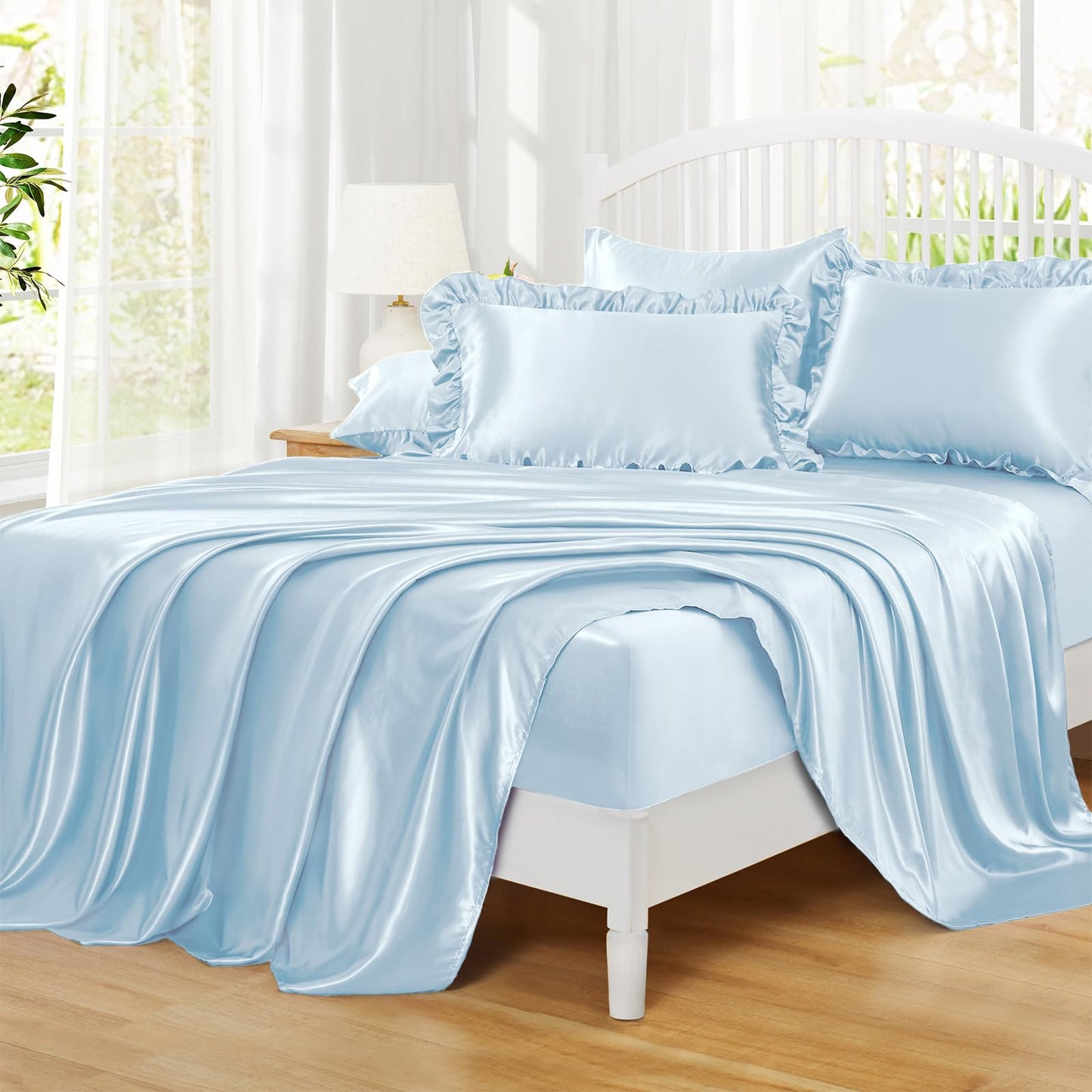 Homiest Ruffled Satin Sheets Full Size 6pc Set - Light Blue Bed Sheet Set with 15 Inch Deep Pocket Fitted Sheet, 1 Flat Sheet, 2 Ruffled Pillow Shams & 2 Pillowcases, Similar to Silk Sheets