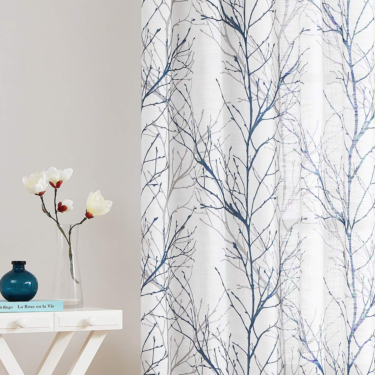 FMFUNCTEX Blue White Curtains 50" X 45" for Kitchen Living Room Tree Branch Print Wrinkle- Free Small Linen Texture Semi Sheer Window Panels for Bedroom 2 Panels, Grommet Top