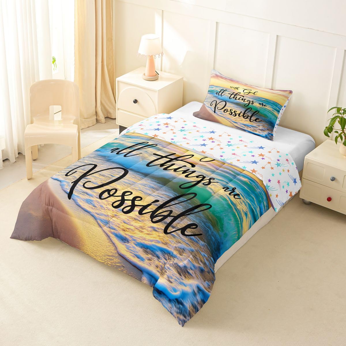 Manfei Beach Verse Twin Size Bedding Set with 1 Pillowcase - Teal Orange Inspirational Quotes Comforter Set for Kids Teen Bedroom,Ocean Sunrise Faith Summer Coastal 2 Pieces Soft Duvet Insert