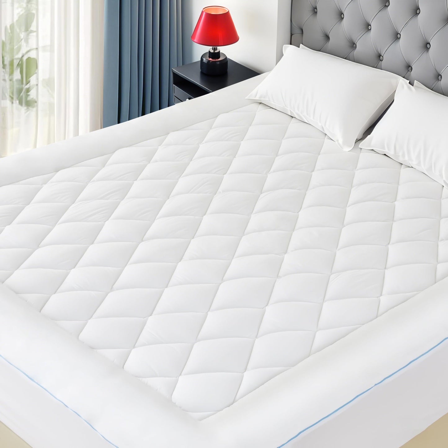 HOMTEC Queen Mattress Pad Cotton Mattress Pad Cover Quilted Mattress Cover 18-22" Deep Pocket Mattress Protector Queen Size White Down Alternative Filling Noiseless & Breathable