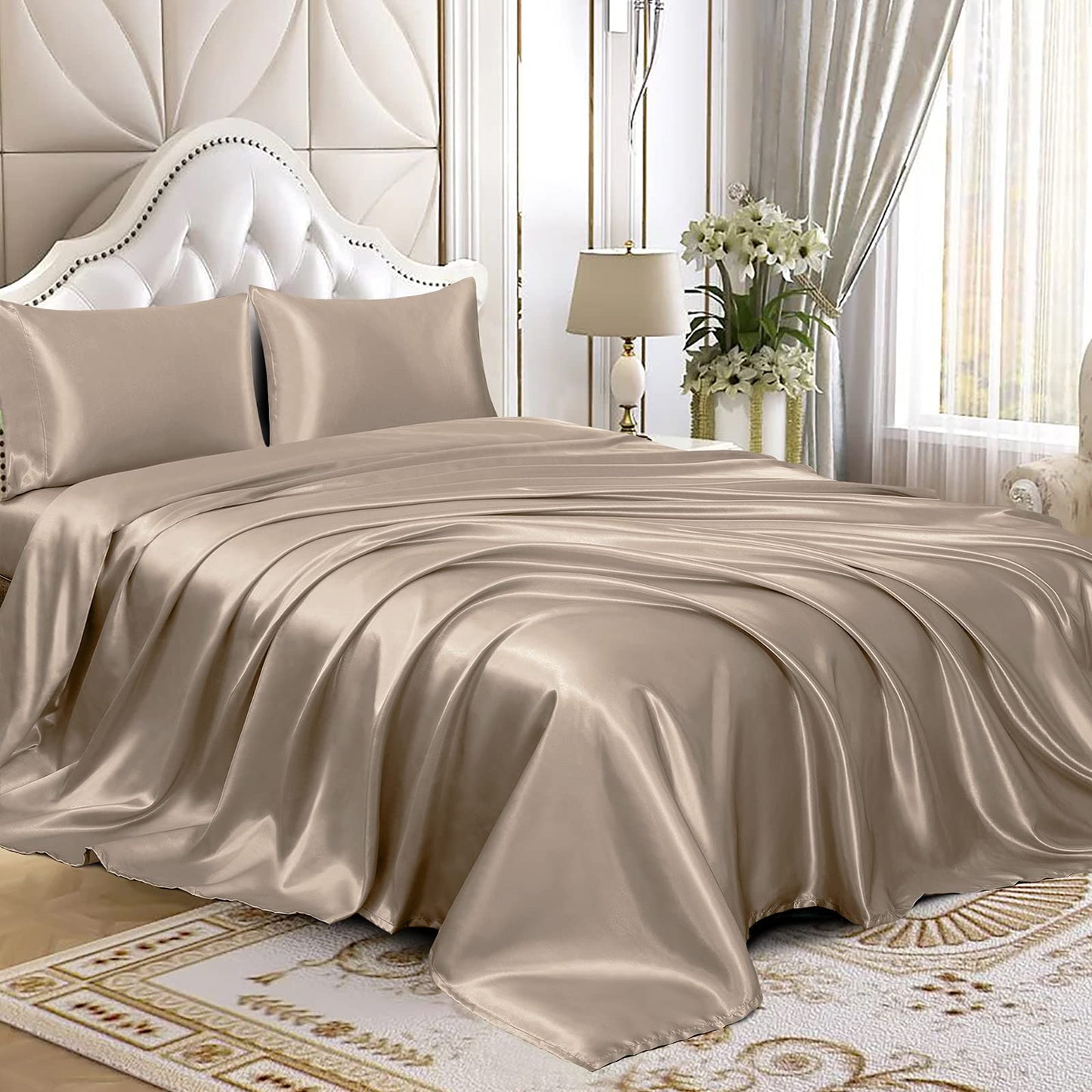 Homiest 4pcs RV Short Queen Satin Sheets Set Luxury Silky Satin Bedding Set with 10" Deep Pocket, Camper Queen Sheets, 1 Fitted Sheet + 1 Flat Sheet + 2 Pillowcases (RV Short Queen, Taupe)