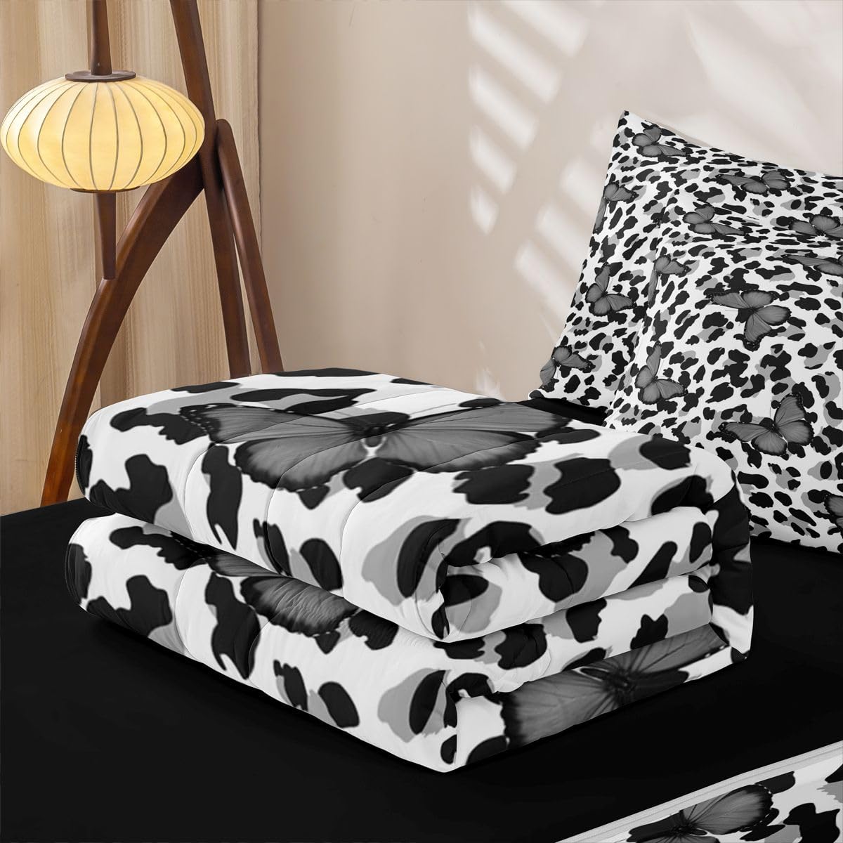 Feelyou Leopard Print Queen Zipper Bedding Set Black Gray Butterfly Kids Comforter Set with Fitted Sheet and 2 Pillowcases Girl Butterflies Bed in a Bag Zip Up Bedding Soft Microfiber