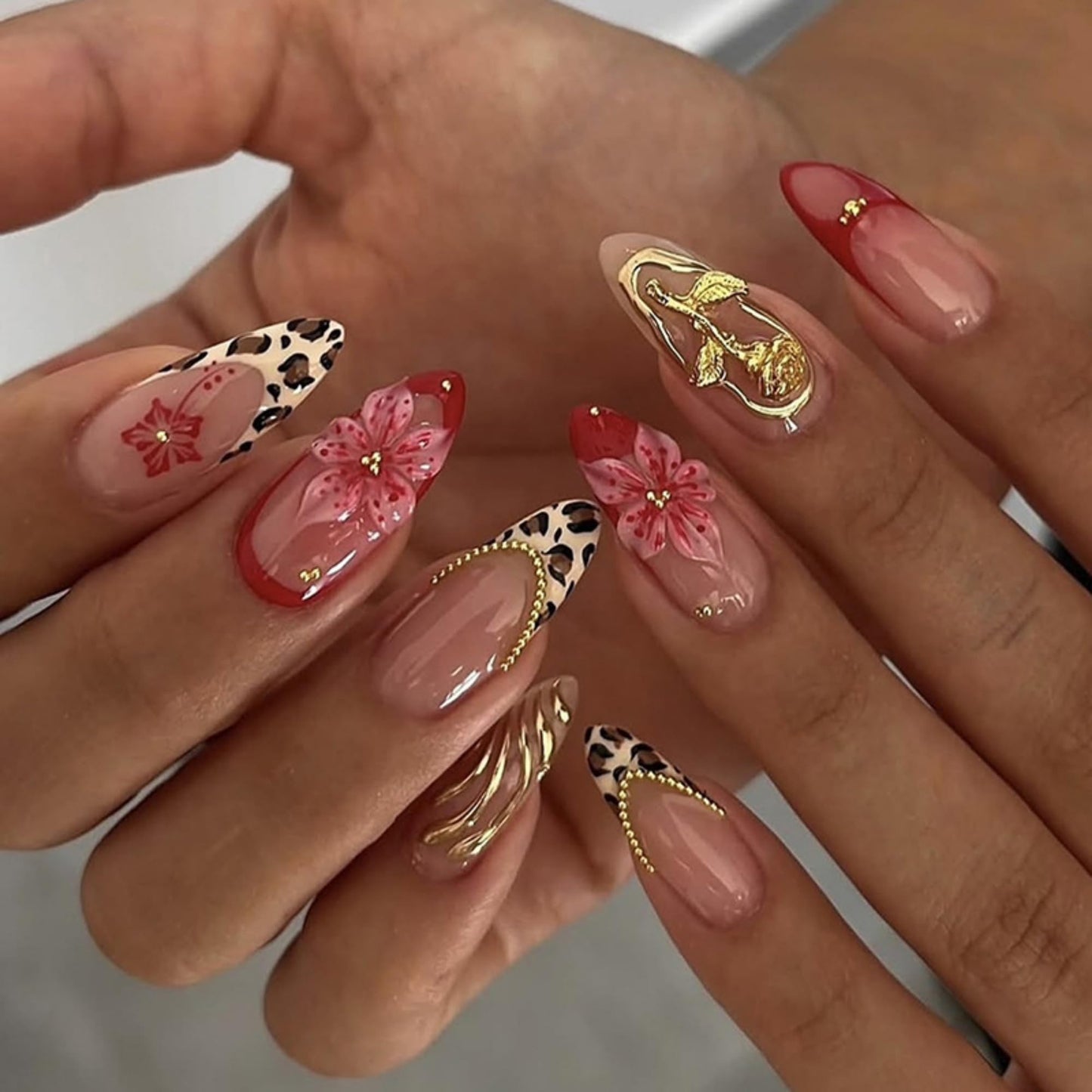 Octoswave Almond Press on Nails Medium Fake Nails French Artificial Nail Leopard 3D Flowers Stick on Nail for Women 24pcs