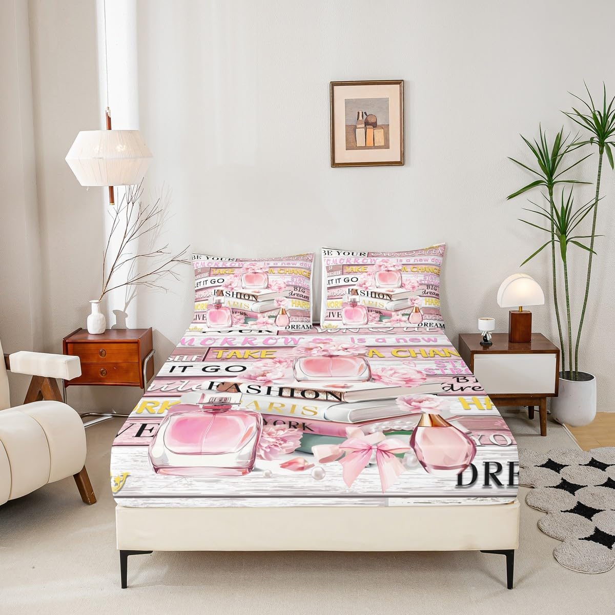 Erosebridal Pink Fashion Sheet Set King Size for Women Girls Kids Girly Aesthetic Modern Sheets Inspirational Quotes Trendy Elegant Coquette Cute Bedding Set Perfume Paris Preppy Pink Bow Bed Sheets