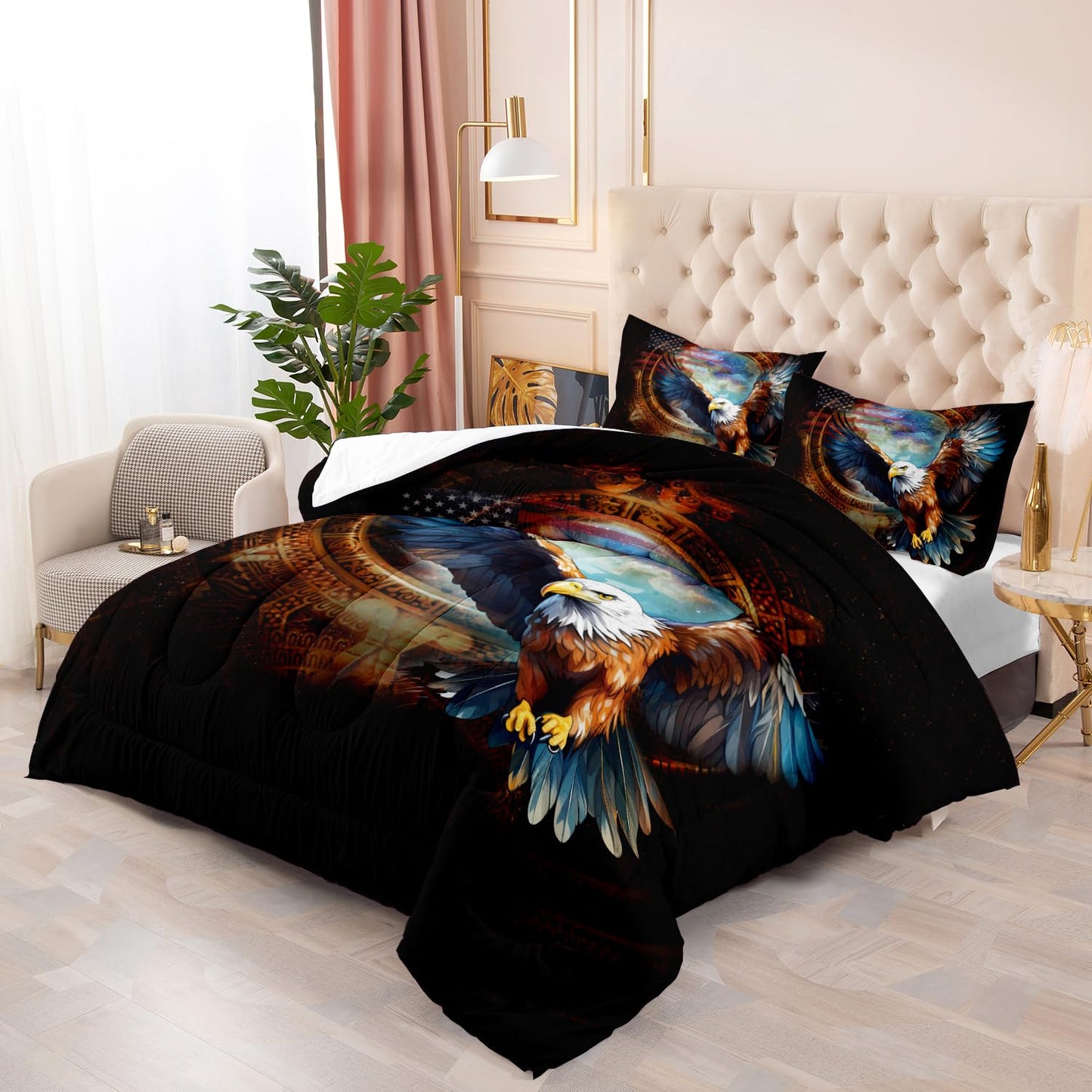 Nttopship Eagle American Flag Comforter Set,3 Pieces Eagle Bedding Queen Size United States Flag Lightweight Down Alternative Comforter 2 Pillowcase All Seasons