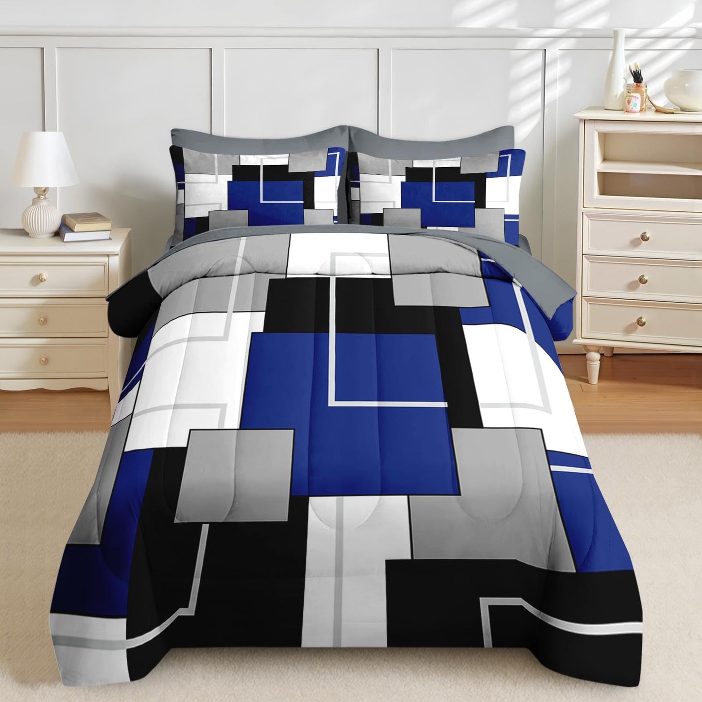 Nesker Comforter Set Full Size, Blue Black Geometric 7 Pcs Bedding for Kids and Adults, Abstract Modern Grey Bed Sheet Sets with Fitted Sheet 2 Pillowcases & 2 Shams