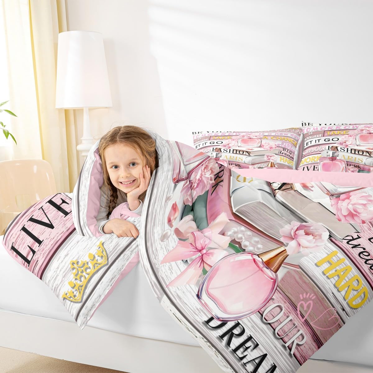 Erosebridal Pink Fashion King Bedding Set for Women Girls Kids Girly Aesthetic Modern Comforter Inspirational Quotes Trendy Elegant Coquette Cute Quilt Perfume Paris Preppy Pink Bow Duvet Insert