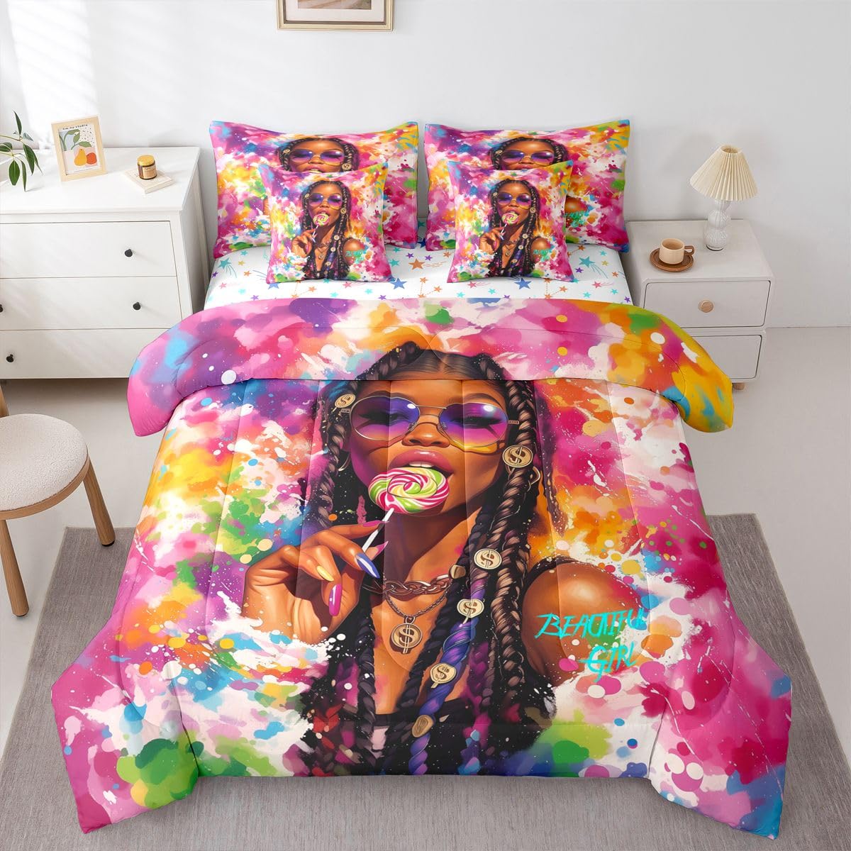 Erosebridal Cute Black Girls Queen Bedding Set Y2K Colorful Splash Paint Comforter Set Teen Stylish Multicolor Art 7-Piece Bed in a Bag Vibrant Aesthetic Watercolor Quilt Sets