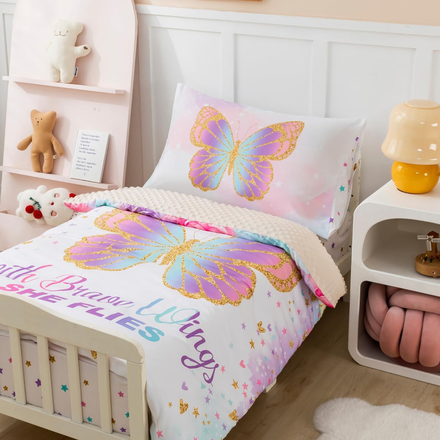 PINNKKU 4-Piece Toddler Bedding Set, Includes 1 Flat Sheet, 1 Fitted Sheet, 1 Comforter and 1 Reversible Pillowcase, Standard Toddler Comforter & Sheet Set, Ultra Soft Toddler Bed Set, Butterfly