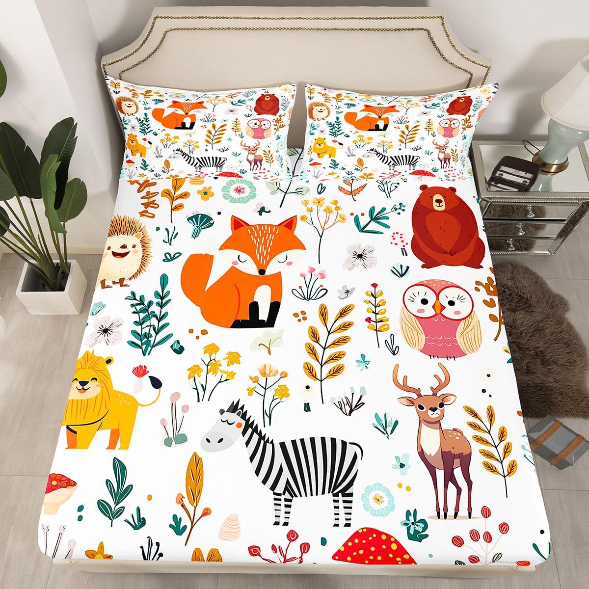 Erosebridal Kids Fox Bed Sheets Set King Size,Cartoon Bear Deer Bedding Set Cute Flower Animal Sheet Set for Boys Girls,Wild Flower Leaf Decor Fitted Sheet Flat Sheet 2 Pillow Cases