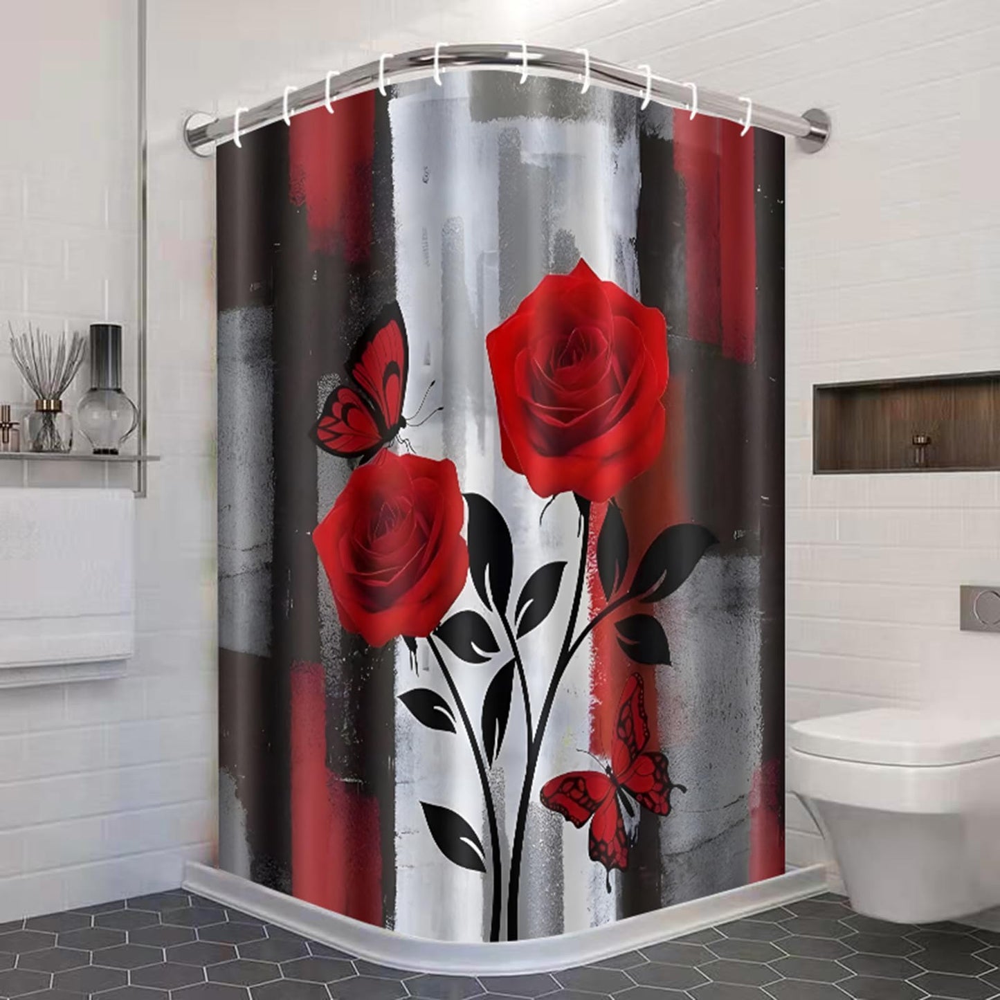 ZCHOMI Red Rose Shower Curtain Black and Red Rose Floral Shower Curtains for Bathroom Waterproof Polyester Fabric Bathroom Curtain 72 x 72 Inch with 12 Plastic Hooks