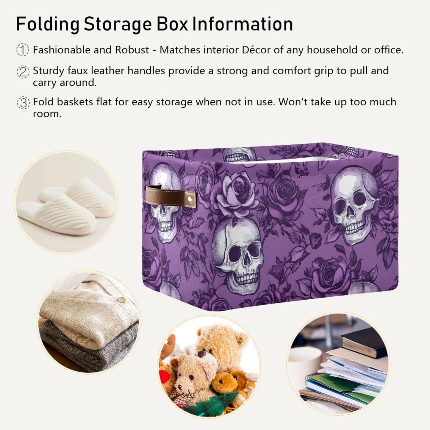 Purple Rose Skull Shelf Storage Baskets,Foldable Storage Bins with Handles,Rectangular Organizer Bin Gift Baskets Decor for Bedroom Home Office