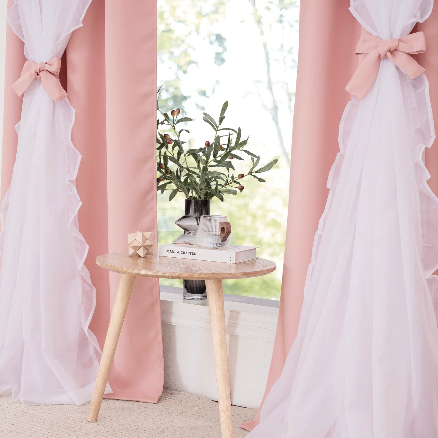 PONY DANCE Pink Blackout Curtains for Nursery, Double Layer Bow Curtains with Ruffle Sheer Overlay for Girls Bedroom, Cute Shabby Chic Kids Toddler Room Decor Drapes Coquette Style, 52x84 inch, 2 PCs