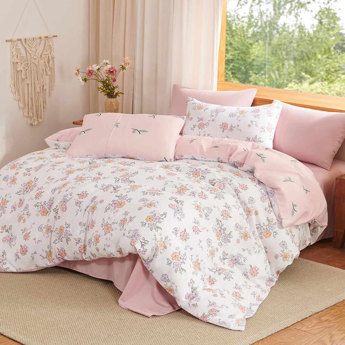 Erwinmu Floral Comforter Set King Size - 3 Pieces Pink White Floral Comforter Bedding Sets Reversible Pattern,King Bed in a Bag with Flowers Comforter and 2 Pillowcases