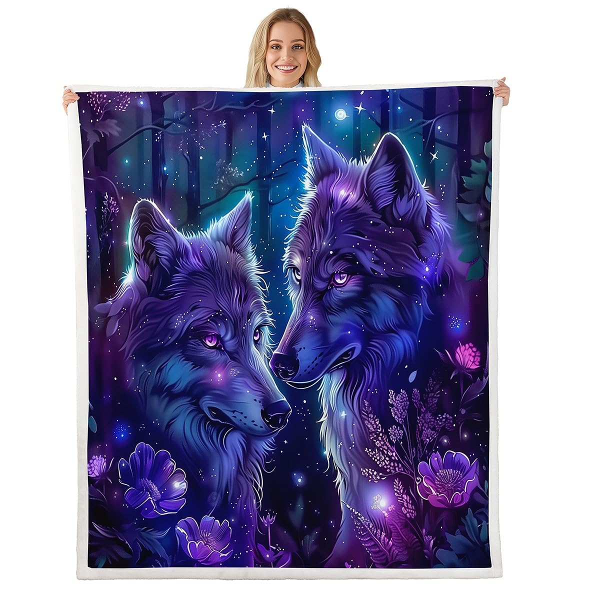 Erosebridal Wolf Fleece Blanket Botanical Flowers Sherpa Blanket 90"x90", Boho Floral Woodland Animals Galaxy Jungle Wild Animal Fuzzy Plush Throw