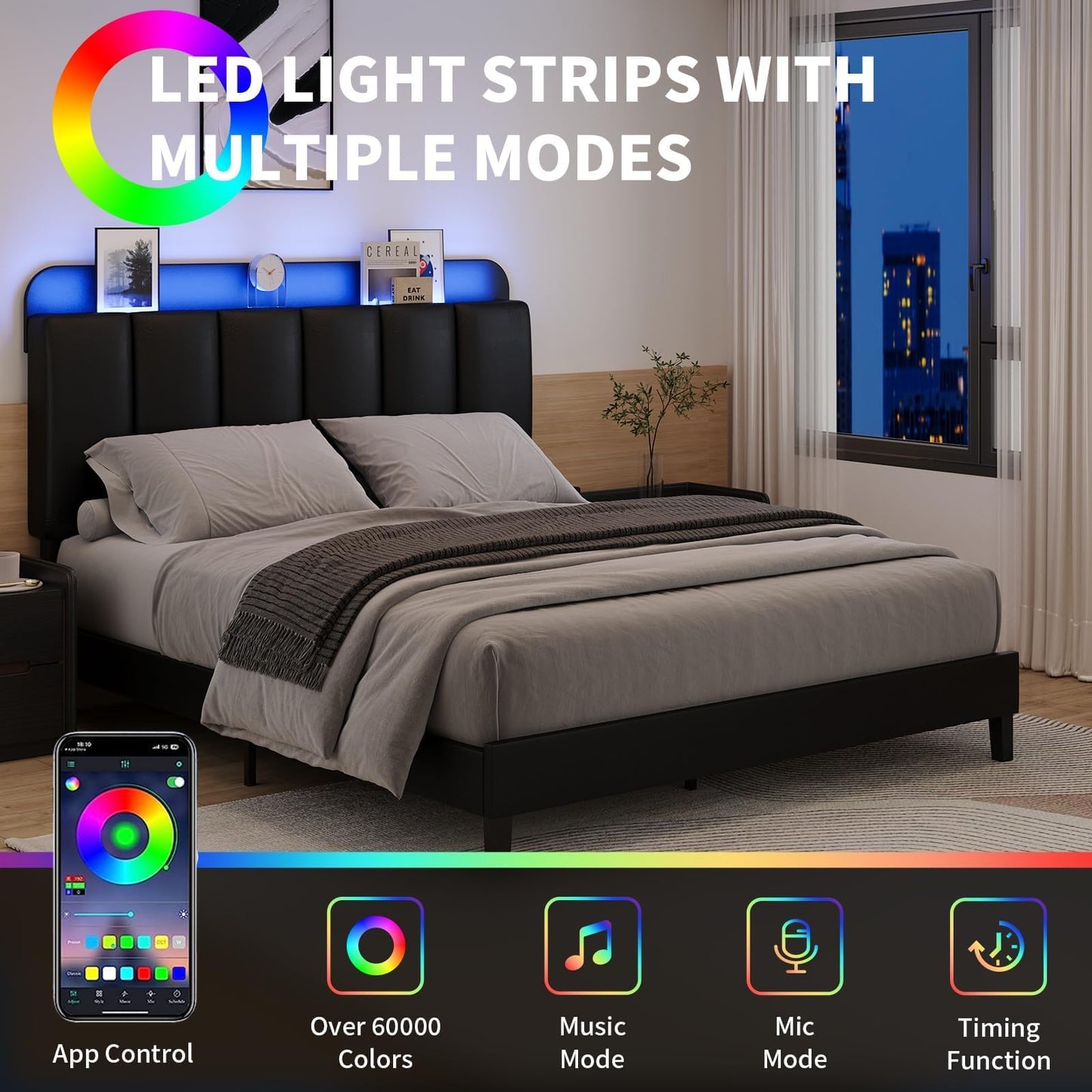 BarnFurin Full Size Bed Frame with LED Lights and Storage Headboard, Morden Bed Frame with Upholstered Headboard, Noise-Free, No Box Spring Needed, Easy Assembly, Black
