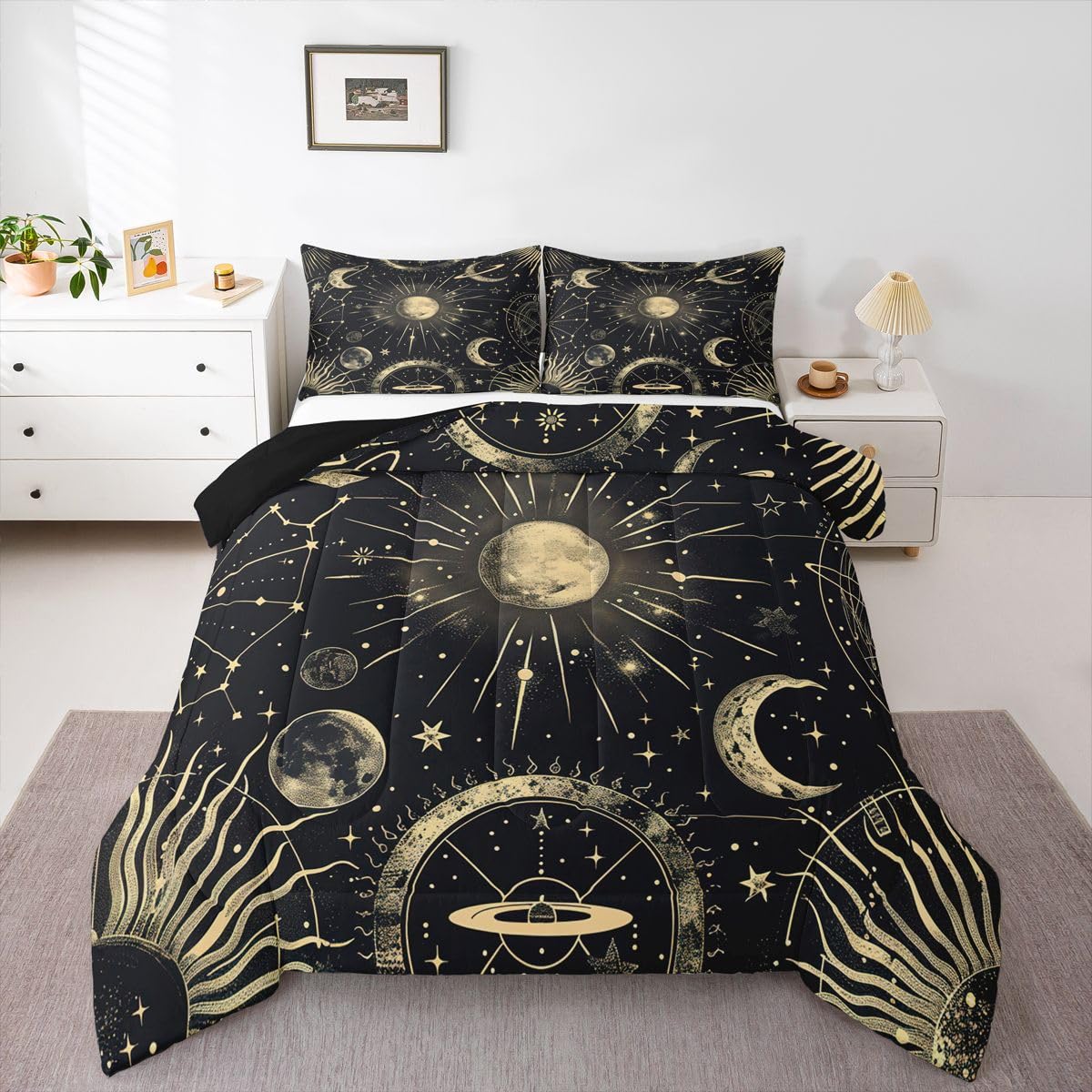 Erosebridal Bohemian Sun Moon Comforter Set, Constellation Down Comforter King Size, Starry Sky Quilted Duvet, Exotic Style Black Room Decor Duvet Insert,Super Soft Breathable Bedding Set