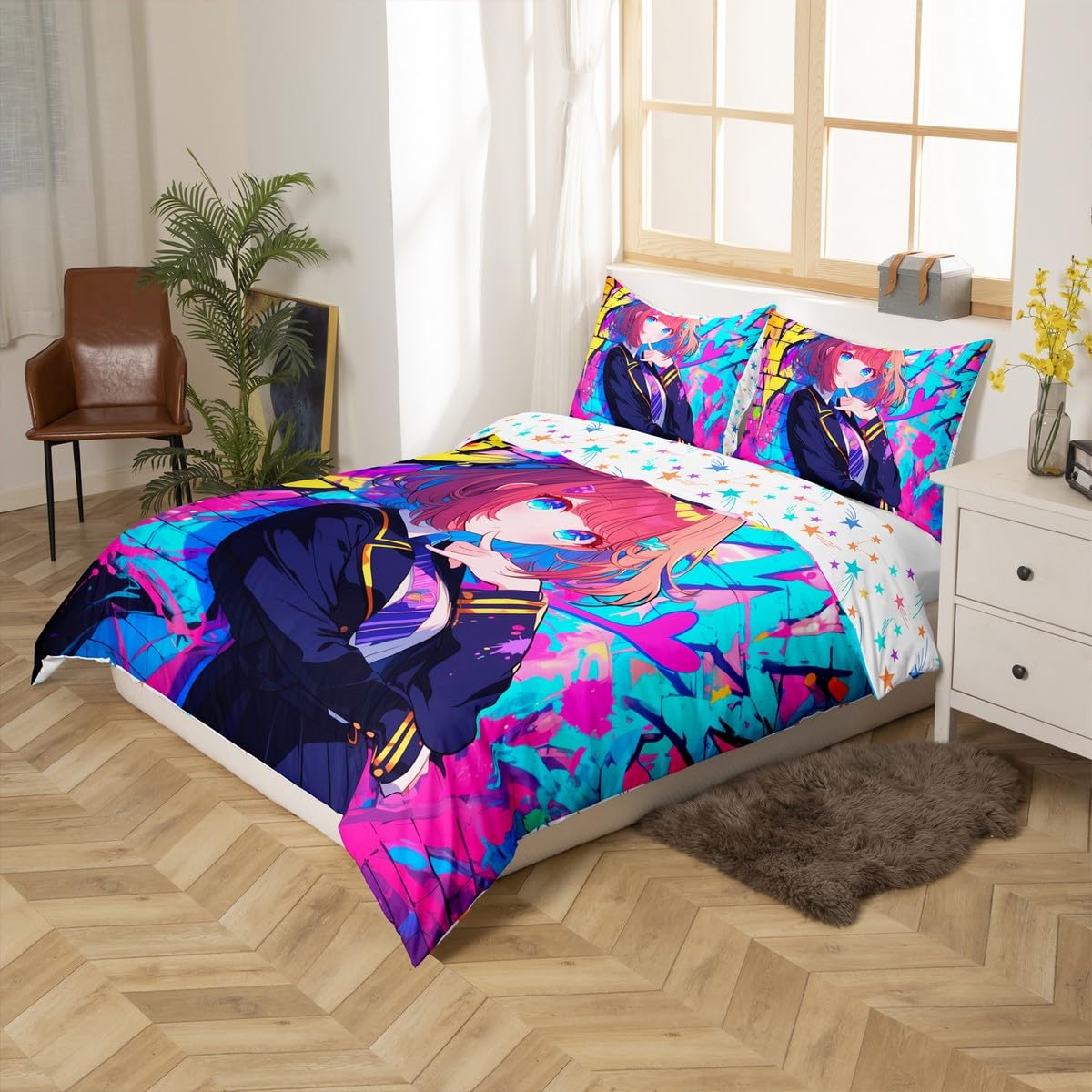 Erosebridal Girls Japanese Anime Bedding Set Full, Kawaii Anime Girl Comforter Cover Cartoon Girl Duvet Cover for Kids Teens Adult, Japanese Animation Sci Fi Style Bed Set, 2 Pillow Cases