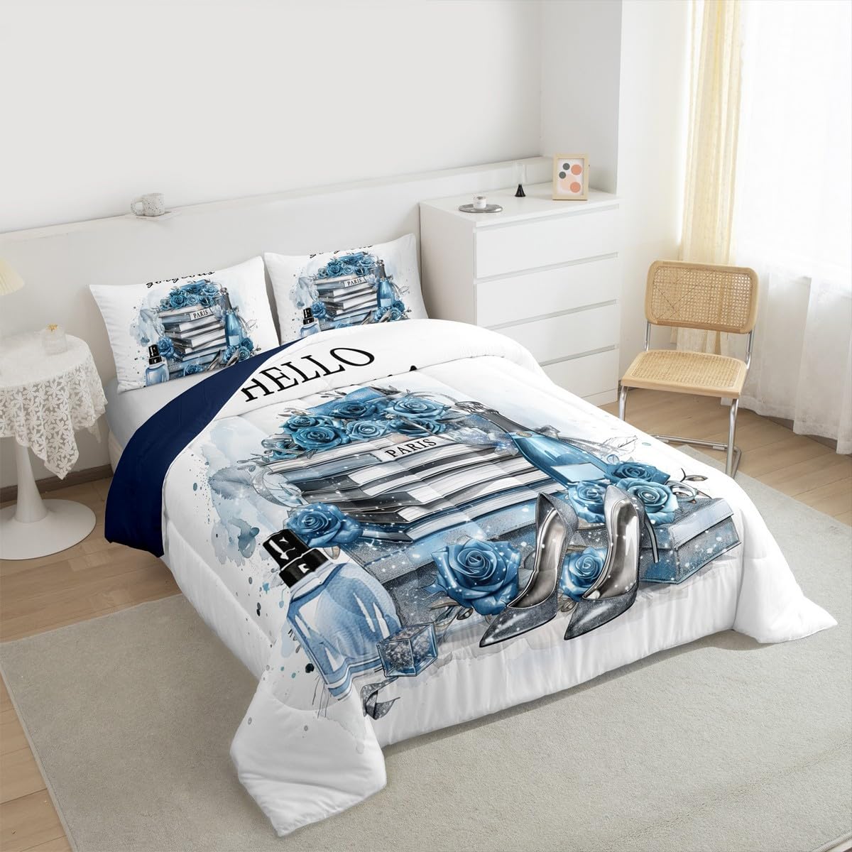 Erosebridal Girly Blue King Bedding Set Silver Fashion Comforter Women Girls Gray Teal Flower Perfume Duvet Insert High Heels Magazine Books Floral Bed Sets Paris Romantic Bedroom Decor