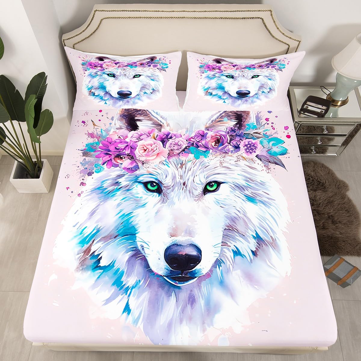 3D Wolf Bedding Set, with Green Eyes Wild Animal Blooming Flower Splash Watercolour Tie Dye Fitted Sheet, Decorative 2 Piece Sheet Set with 1 Pillow Sham, Twin Size, Black White