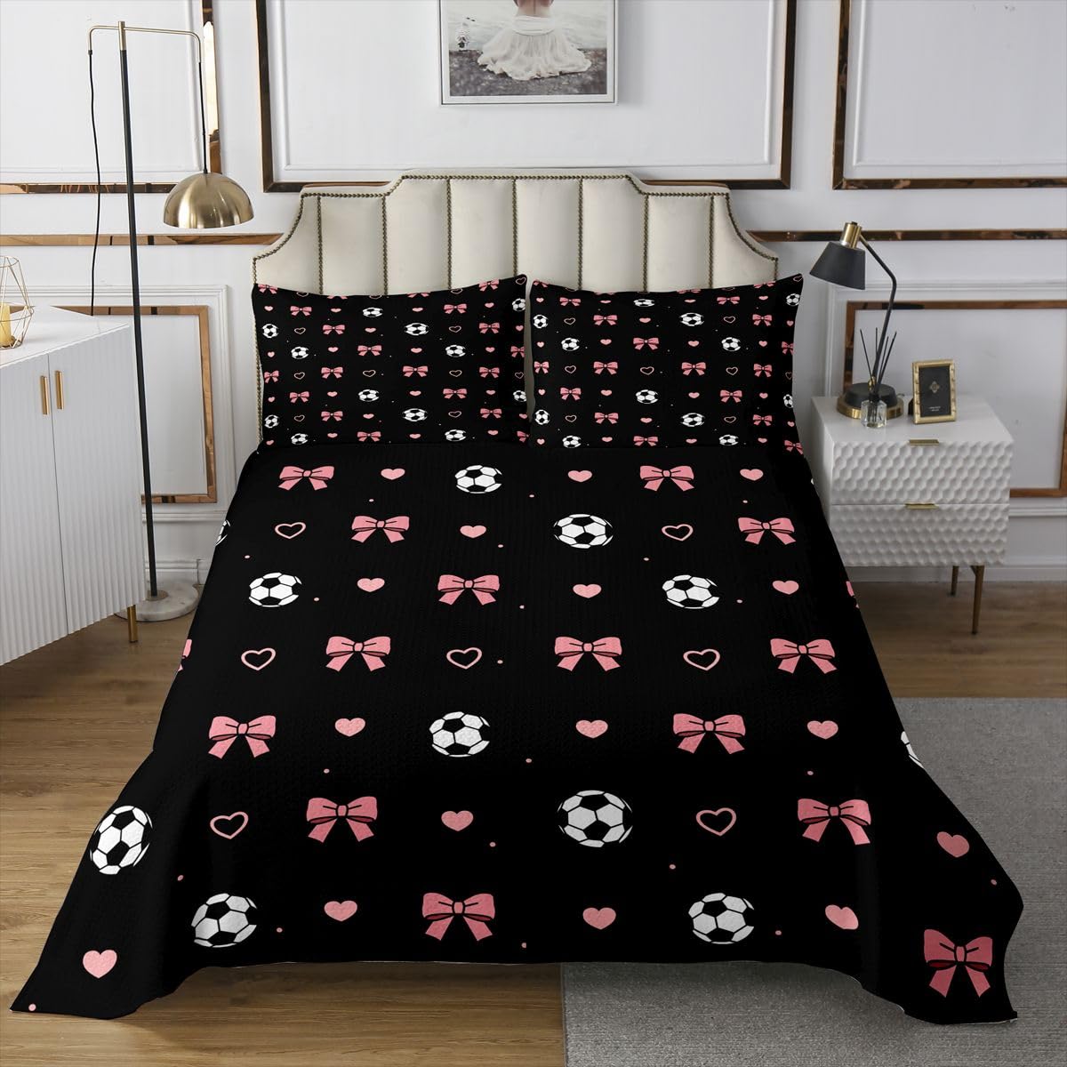 jejeloiu Bow Bedspread Queen Size Football Coverlet Set Cute Bowknot Quilted Coverlet for All Season with 2 Pillowcases Microfiber Lightweight