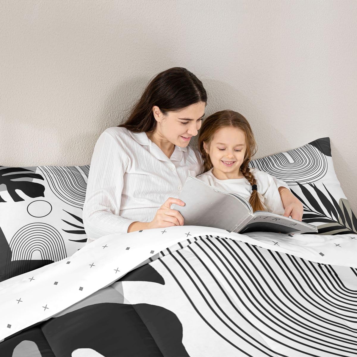 Erosebridal Boho Black White Twin Bedding Set, Mid Century Abstract Tropical Palm Leaf Comforter Set, Modern Minimalist Plant Botanical Comforter, Bohemian Geometric Art Lines Chic Duvet Insert