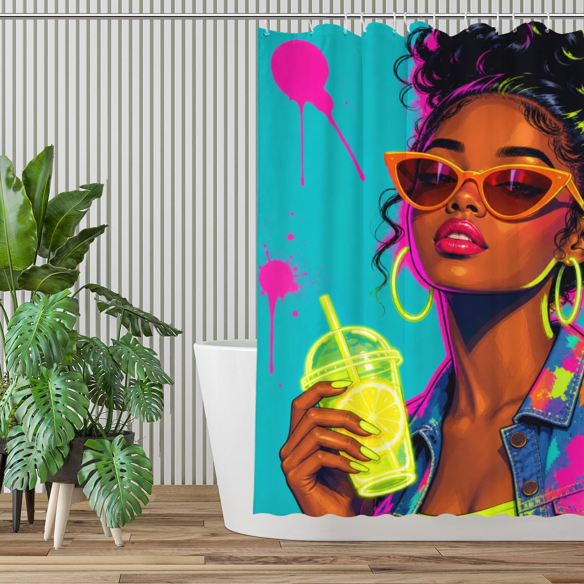 TopPacific Tropical Drink Woman Shower Curtain 72x72 Inch Shower Curtain with 12 Hooks Polyester Woman Sunglasses Tropical Drink Teal Pink Background Bathroom Decor