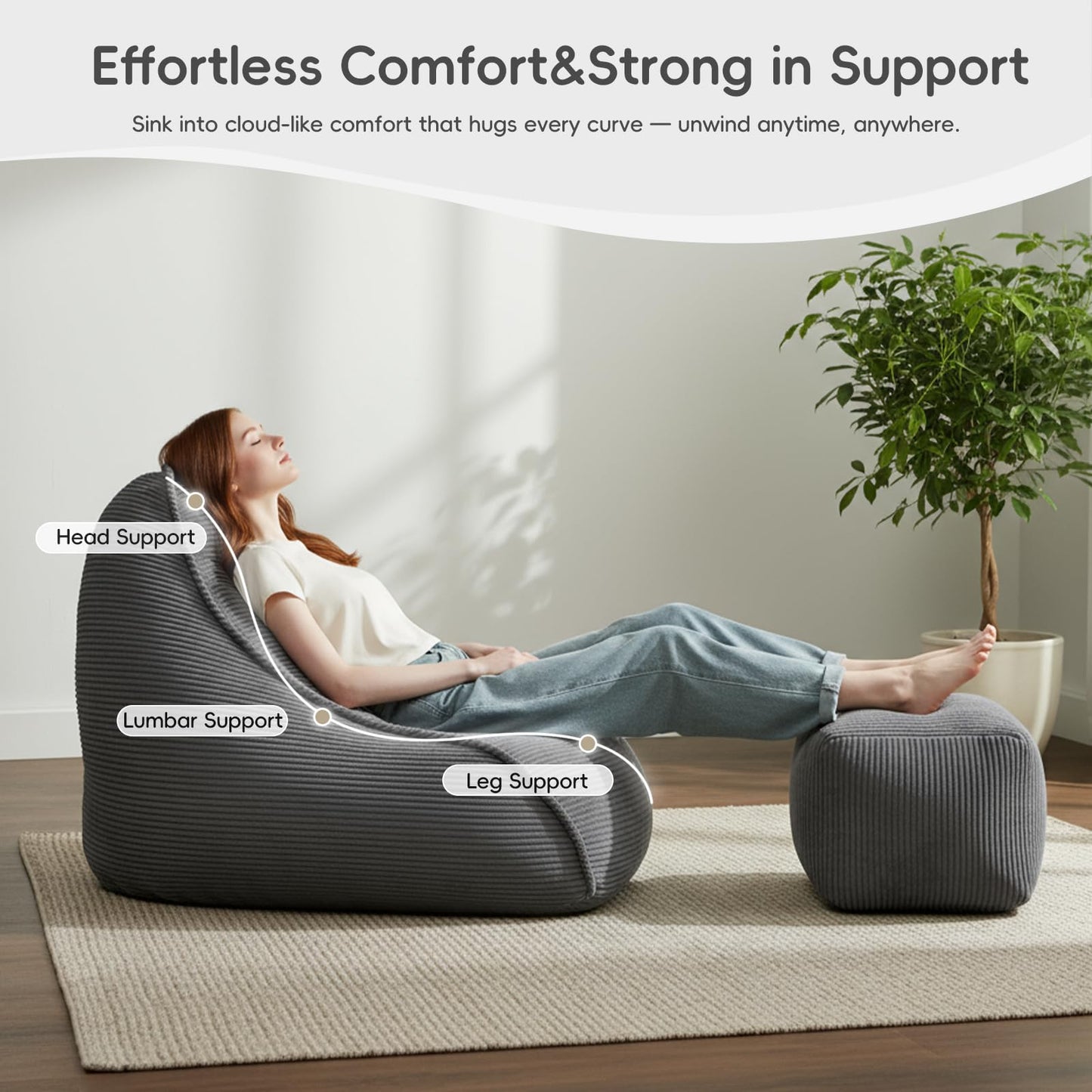 Bean Bag Chair with Ottoman for Adults, Large Corduroy Bean Bag Couch, Boneless Chaise Lounge Reading Chair with High-Resilience Foam, Floor Lounger for Bedroom Living Room (Grey)