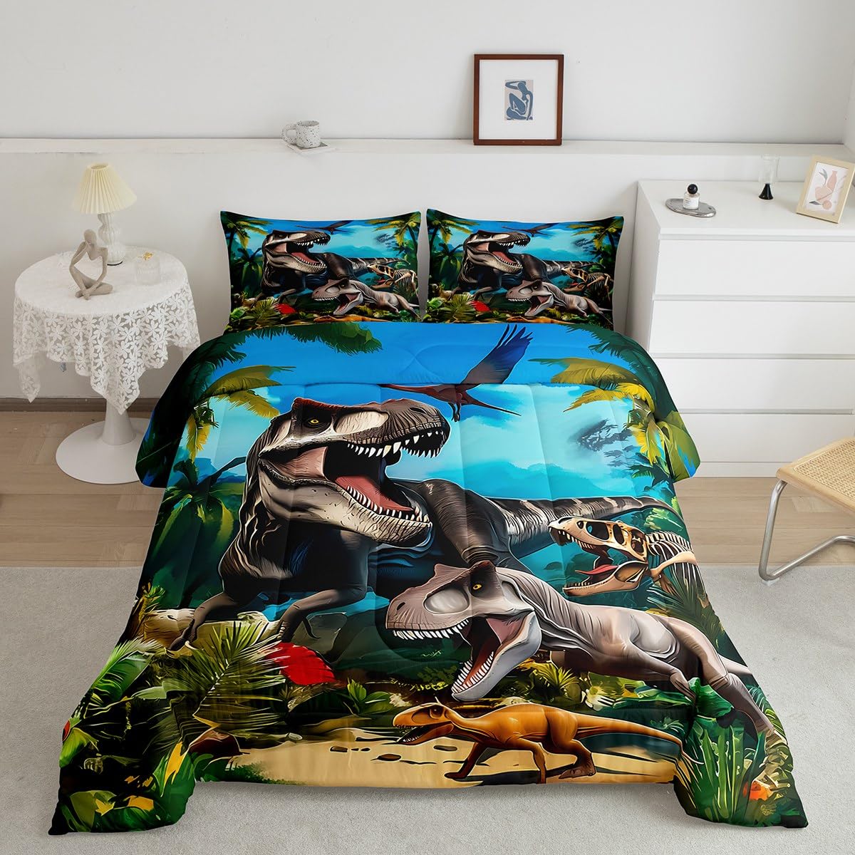Feelyou Dinosaur Comforter Set Twin Size Dino Bedding Set for Boys Girls Children Jungle Dino Duvet Quilt Room Decor Wild Animal Breathable Soft Microfiber All Season 2Pcs