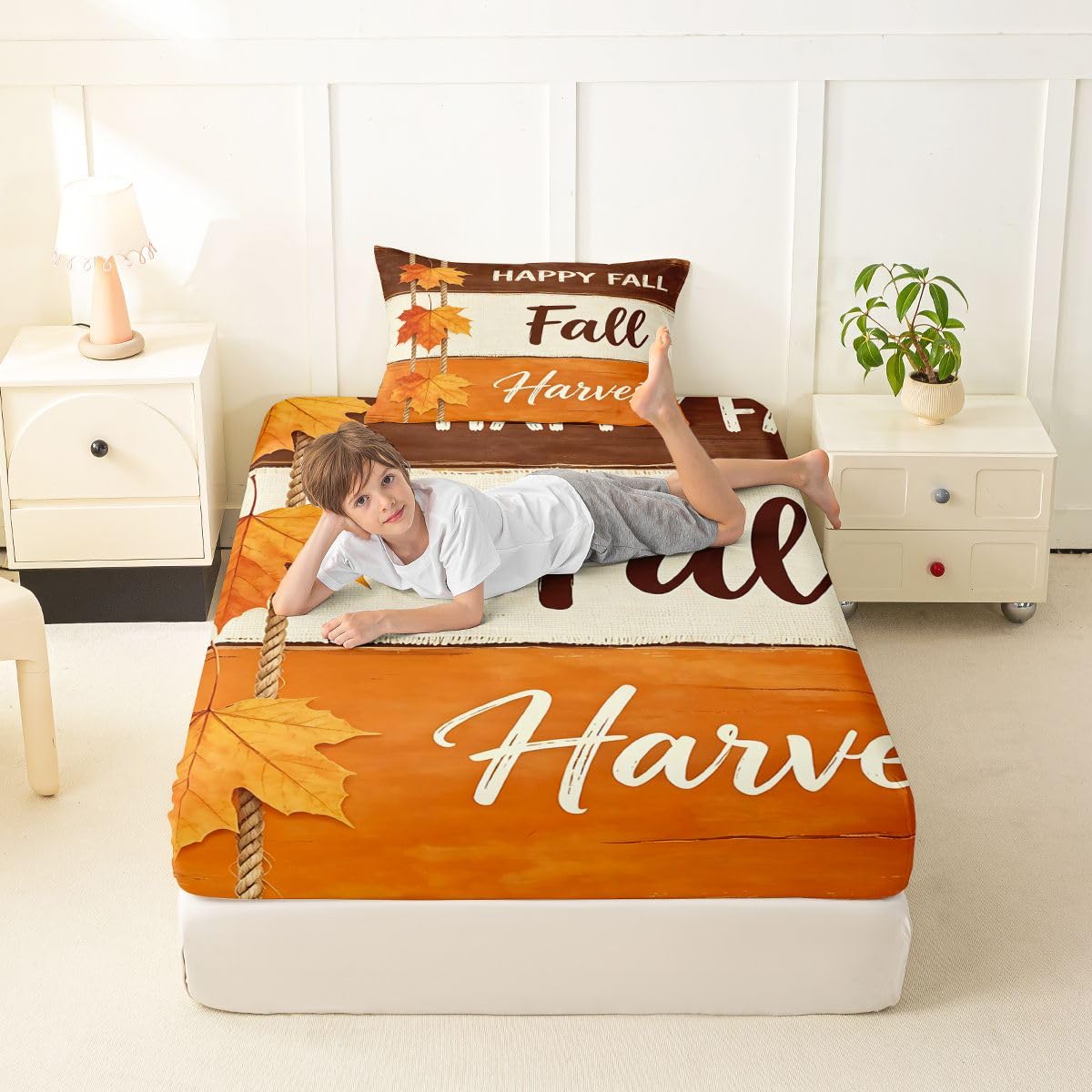 Erosebridal Happy Fall Bed Sheets Twin Size Rope Hanging Maple Leaf Sheet Set Kids Adults Rustic Plank Texture Bedding Set Modern Farmhouse Art Sheets