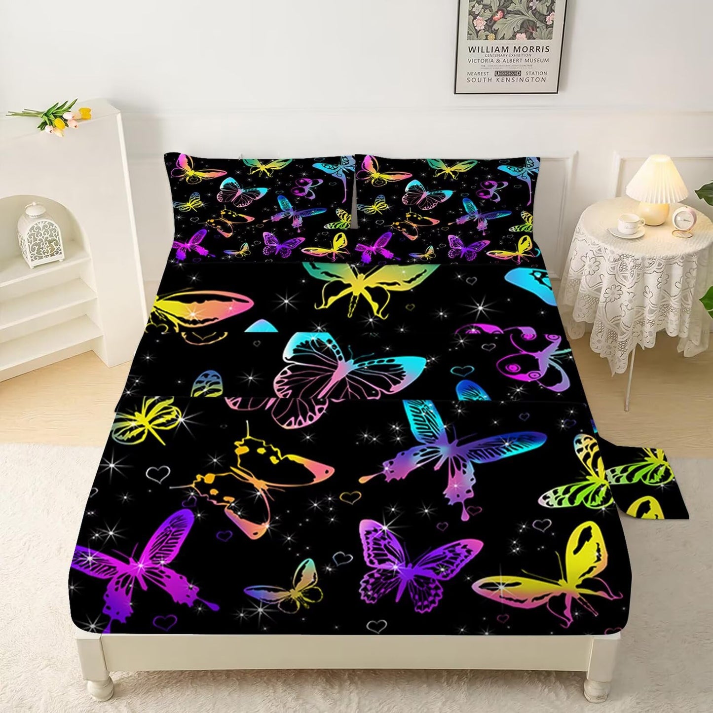 VTKON Colorful Butterfly Sheets Twin Size for Girls Boys Black Kids Cute Bedsheets Microfiber Deep Pocket Bed Sheet & Pillowcase Sets 3 Pieces