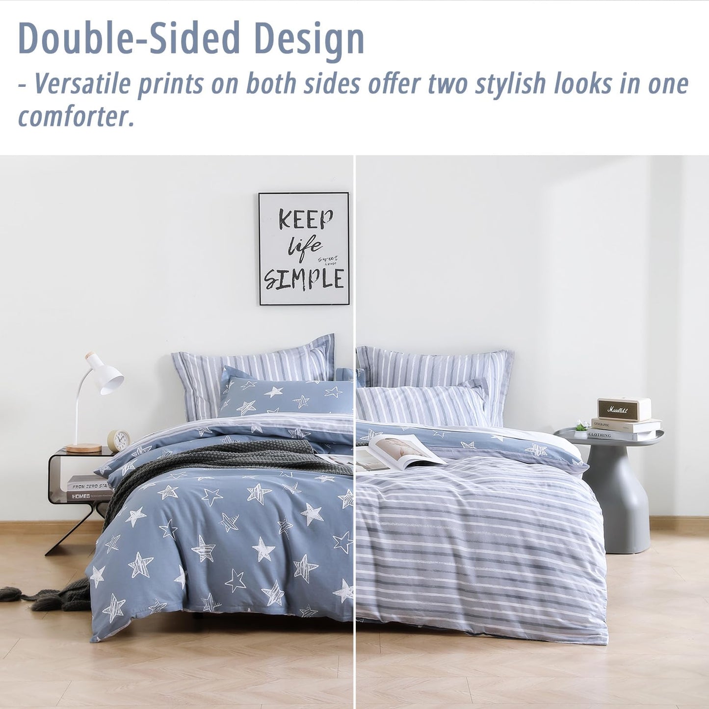 LEMIROE Blue Cotton Comforter King Size 3Pcs - White Doodle Style Stars on Denim Blue Front, Gray Stripes on Back, Reversible Lightweight Bedding Sets with Soft Fill(King, 104"×90")