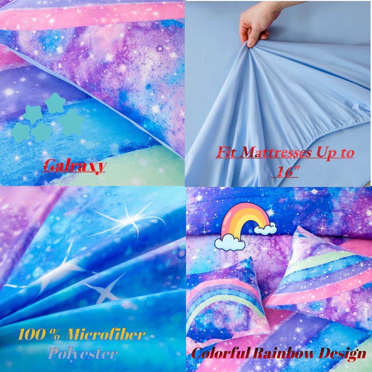 ANGIYUIN Rainbow Full Size Bedding Comforter Set for Girls Gradient Glitter Comforter Set 3D Tie Dye Blue Bedding Sets 6Pcs Soft Lightweight Girl Bed in A Bag for All Season