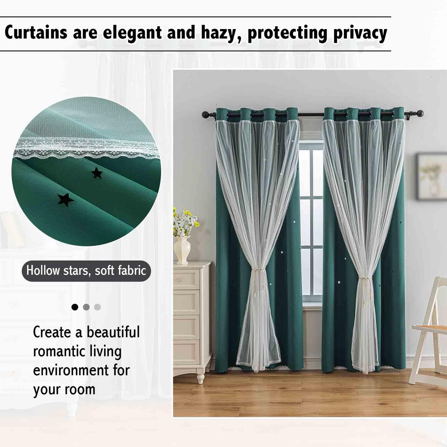 Anytime Romantic Kids Curtain,Hollow-Out Stars Window Curtain Double Layer Blackout Curtains for Girls Bedroom Kids Room 2Panel,(W52 x L95,Dark Green)