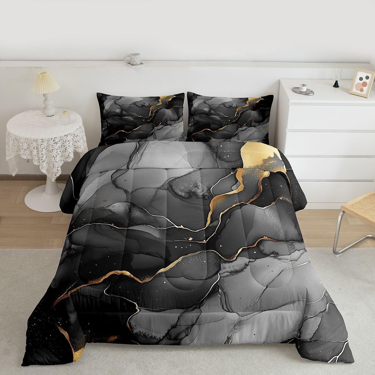 Erosebridal Marble Comforter Set King Black Grey Marble Print Bedding Set Gold Liquid Quicksand Design Comforter for Kids Boys Girls,Modern Abstract Art Quilt Duvet