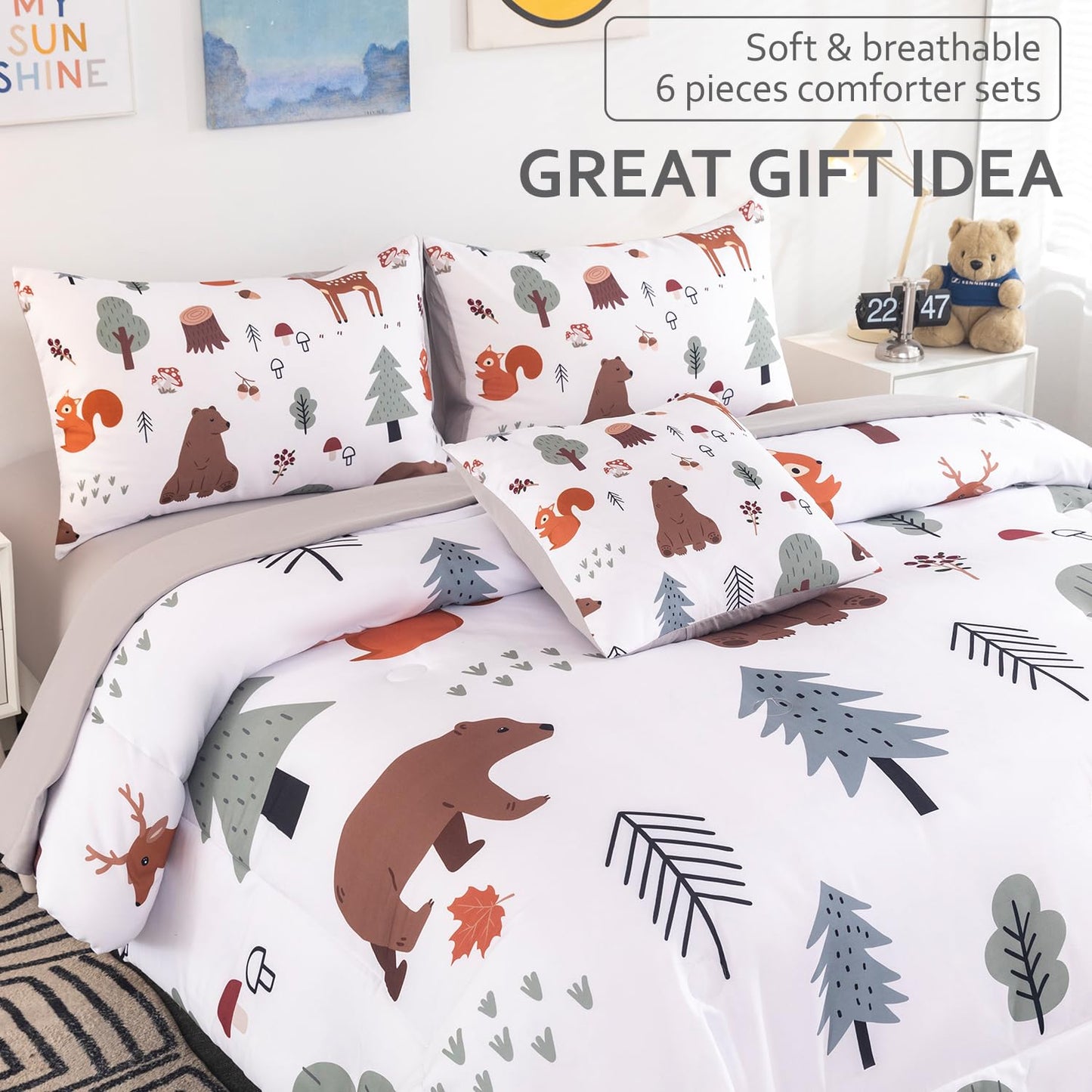 BYHOFMLY Twin Bedding Sets for Boys Girls 6 Pcs White Woodland Animals Kids Comforter Set with Sheets Forest Theme Teen Boy Bed in A Bag for All Season(Forest, Twin)