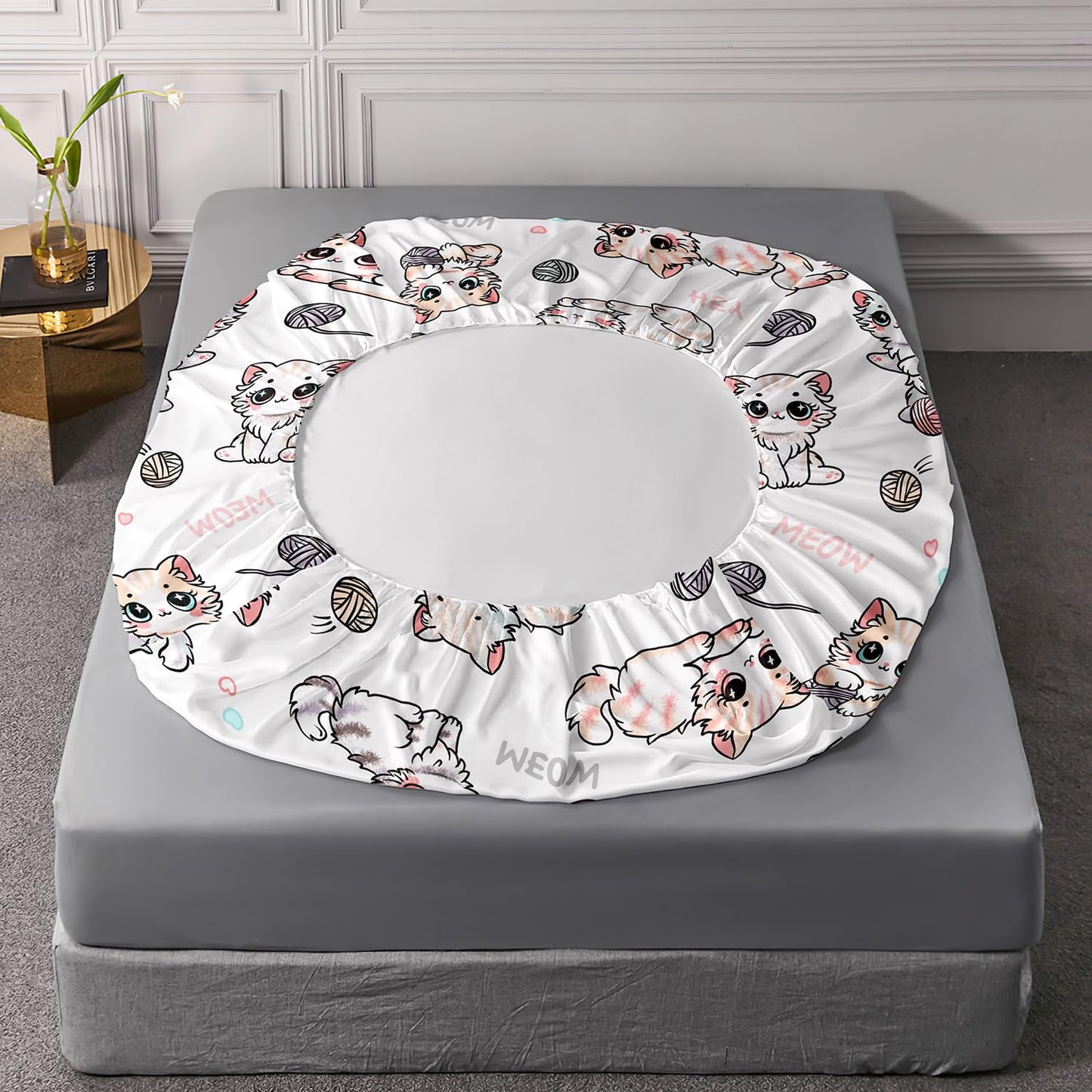 AILONEN Kids Cute Cat Fitted Sheet Set Twin Size, Cartoon Cat Print Bedding Set for Girls,Kawaii Animal Theme Microfiber Bed Sheet Set for Bedroom Decor,1 Fitted Sheet and 2 Pillowcases,3 Pieces
