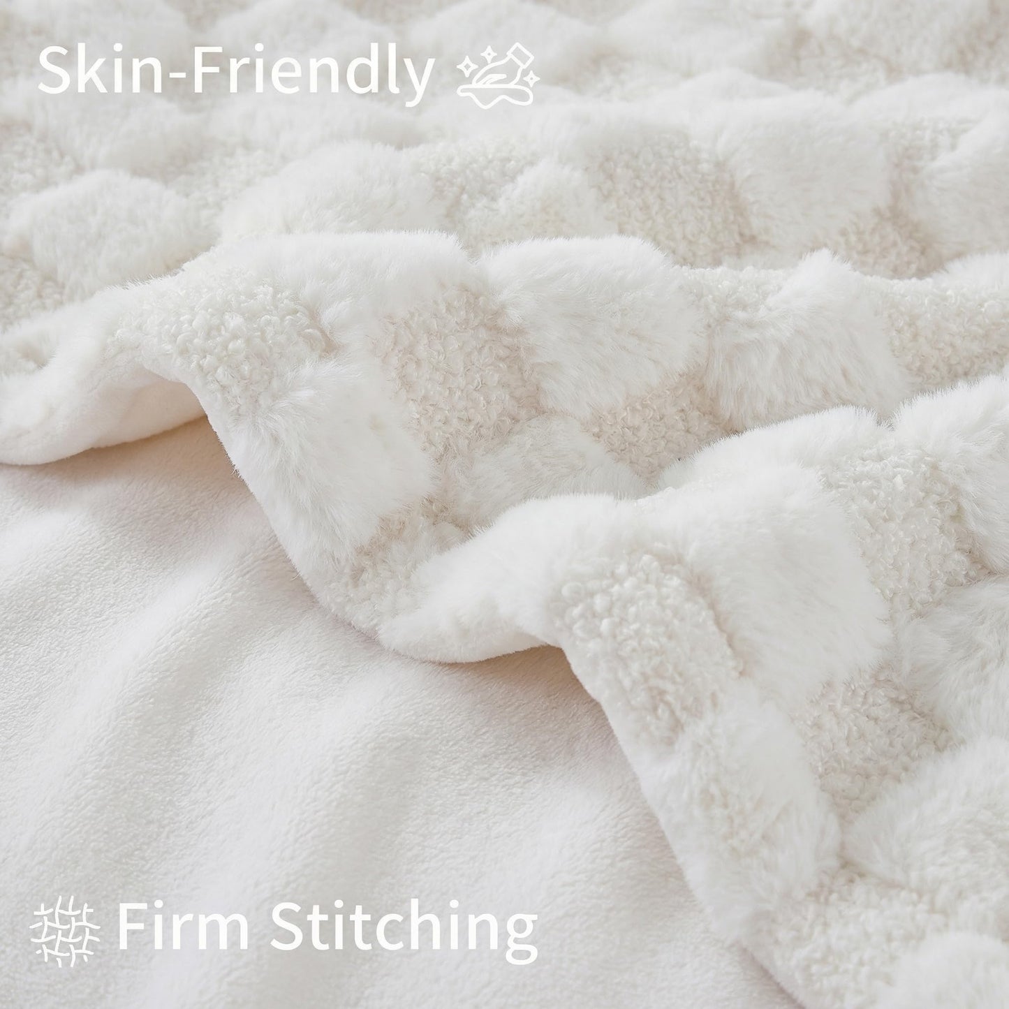 Luxury 3D Square Grid Faux Fur Throw Blanket – Reversible Soft Teddy Velvet & Flannel – Thick Warm Fuzzy Plush Blankets for Couch, Bed & Sofa – Machine Washable Gift for Women Throw 50x60 inches