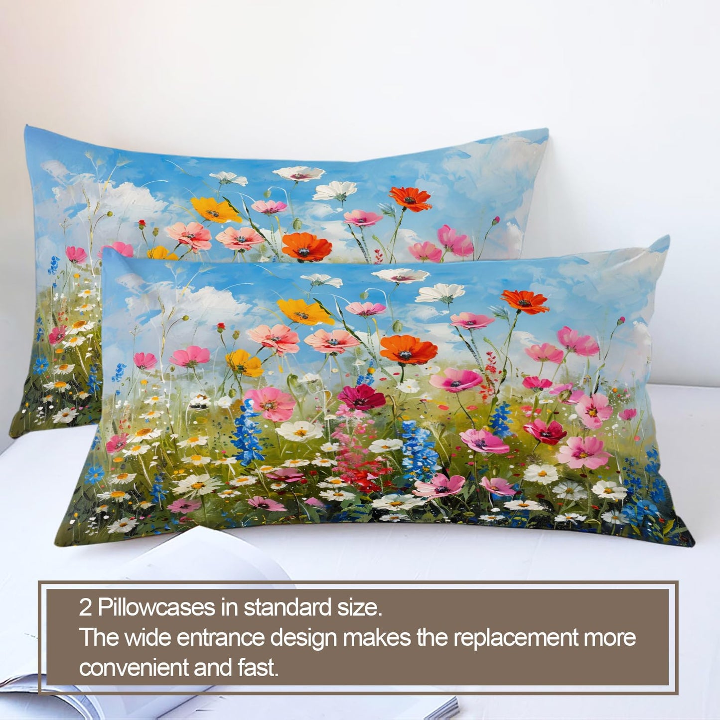 QINYUN Floral Comforter Set Oversized King, Blue Sky Flowers Bedding Set 3 Piece, Vibrant Wildflowers Duvet Cover with Zipper & Ties, 2 Pillowcases