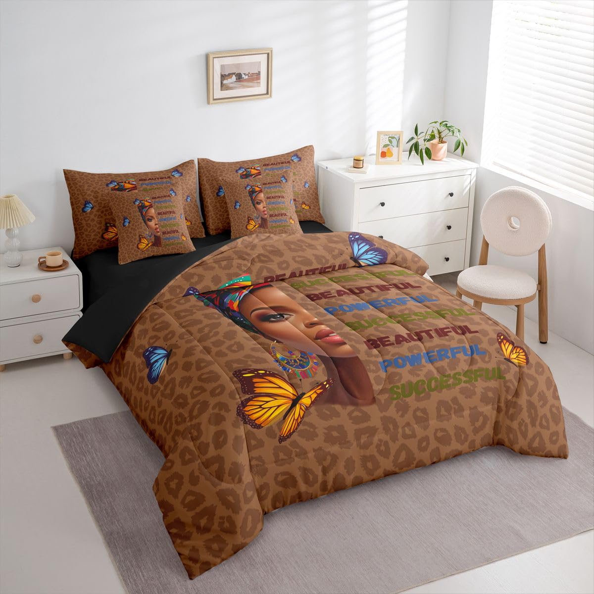 Erosebridal Cute Black Girls Queen Bedding Set Stylish Leopard Print Comforter Set with Flat and Fitted Sheet Teen Colorful Headwrap 7-Piece Bed in a Bag Women Empowering Words Butterfly Quilt Sets