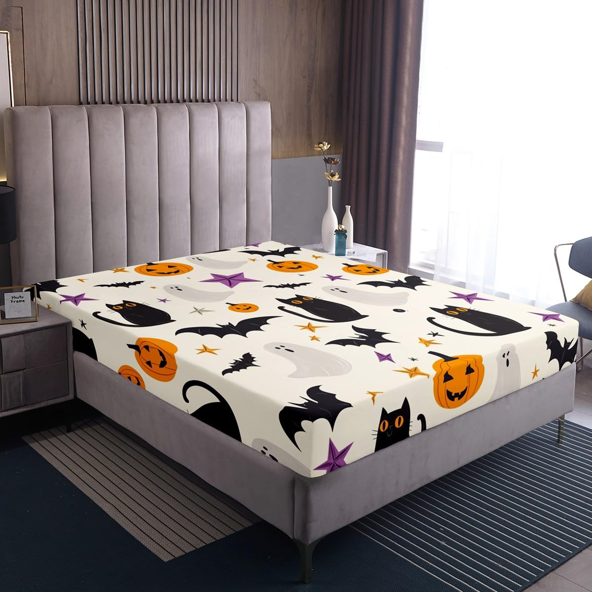 Feelyou Happy Halloween Bed Sheets Set Twin Size Cute Ghost Cat Bed Set Beige Black Orange Deep Pocket Fitted Sheet Pumpkin Lantern Bats Breathable Soft Lightweight Microfiber