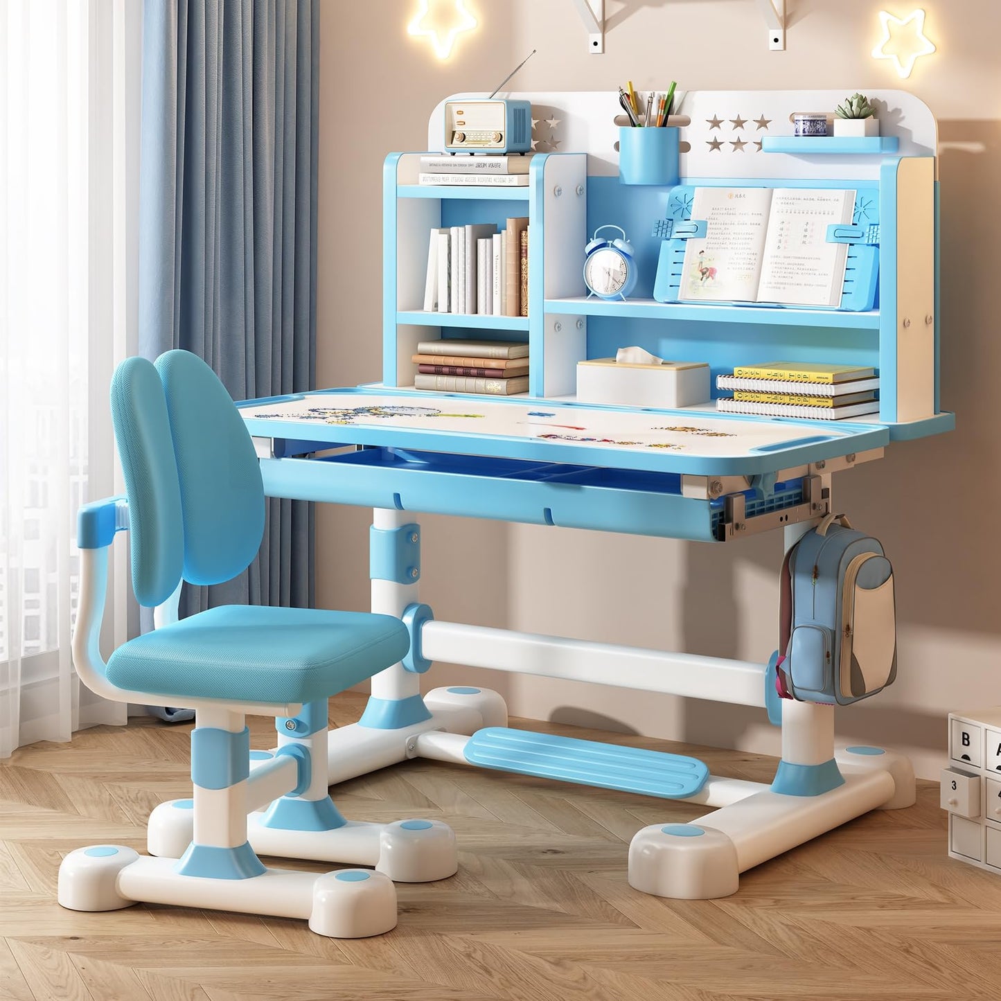 sexaoalx Height Adjustable Study Desk Chair Set for Kids, Children School Study Table Chair Set with Sitting Corrector, Ergonomic Desk Chair with Book Stand, Foot Pedal, Partition Design 2Pcs/Set (P
