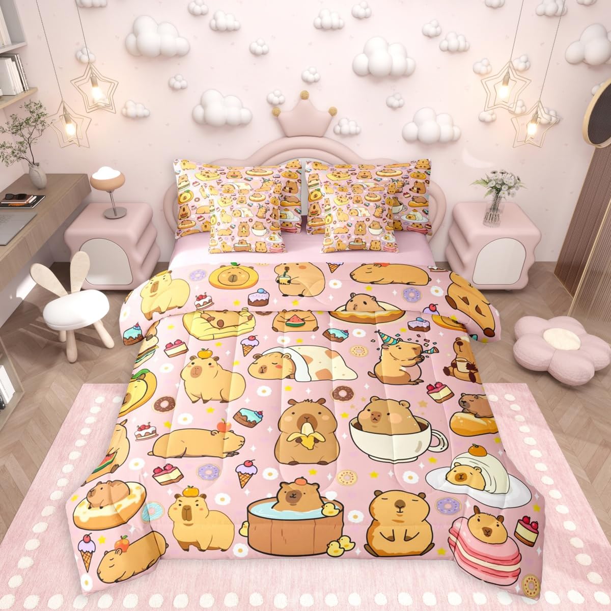Funny Cute Capybaras 7 Pieces Bedding Set Twin Size,Capybara Lover Bed in a Bag,Kawaii Rodent Animals Bed Set Includes Comforter,Sheet Set,Pillowcases & Pillow Covers,Cakes Ice Creams Bedroom Decor
