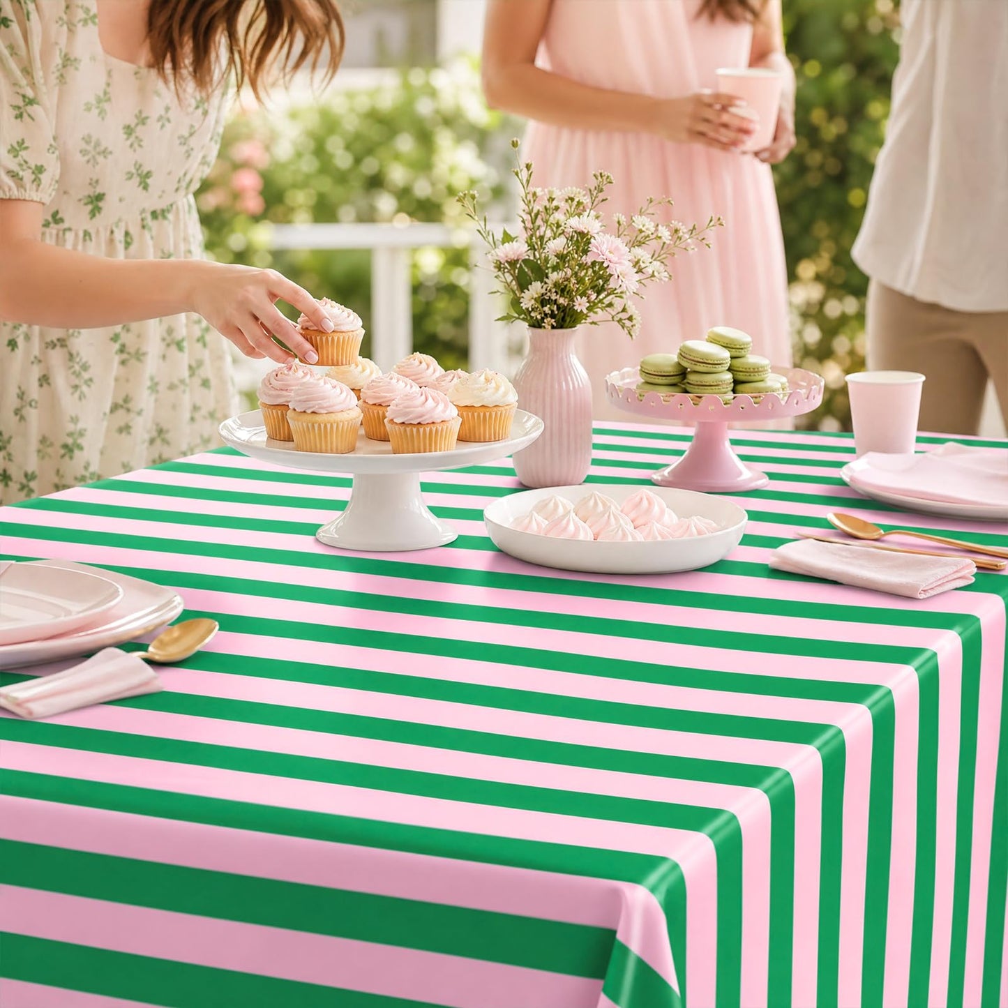 JarThenaAMCS 6Pcs Stripe Plastic Tablecloth Disposable Table Cloth Pink Green Rectangle Table Cover for Birthday Baby Shower Wedding Party Picnic Supplies, 54 x 108 Inch