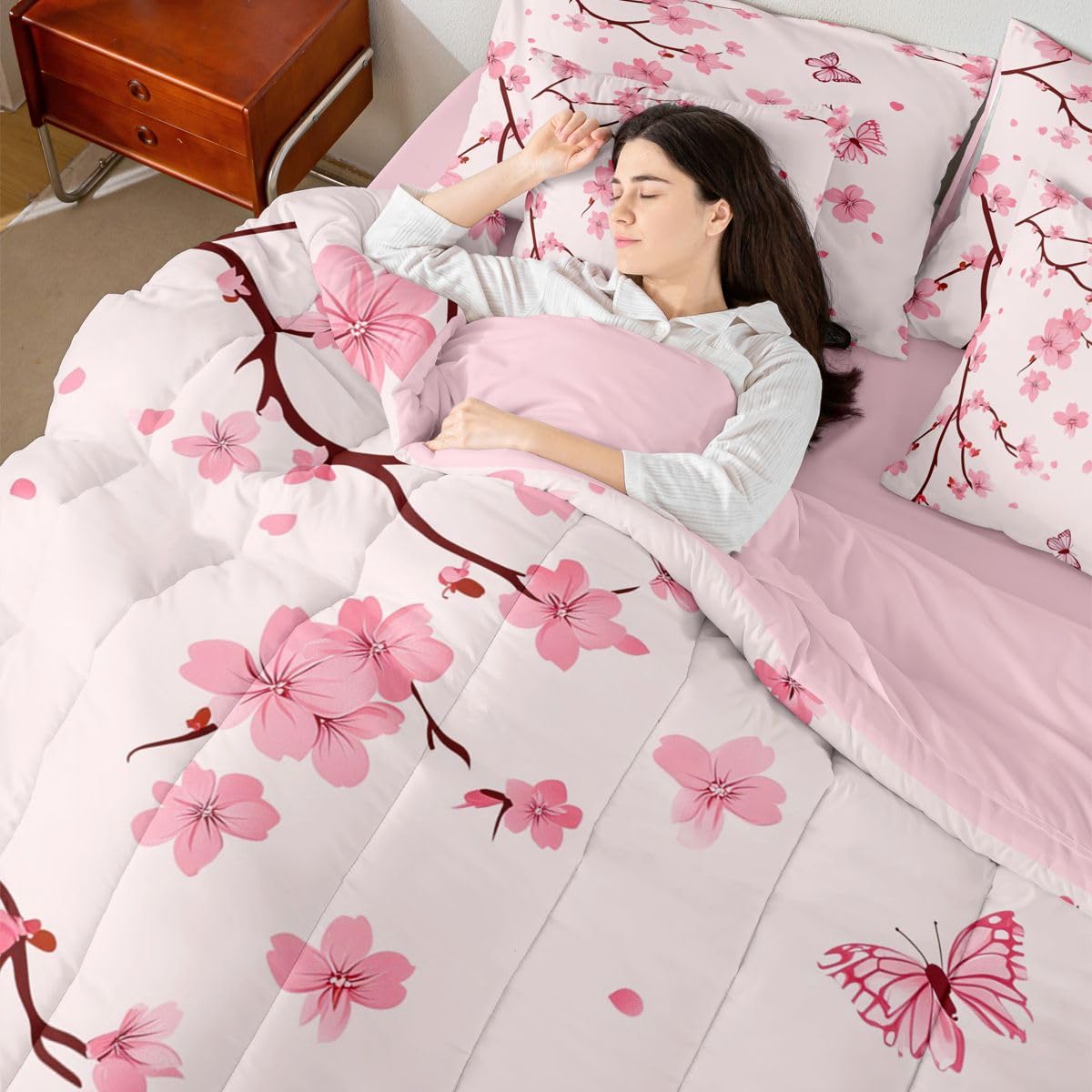 Erosebridal Cherry Blossom Comforter Set Butterfly Bed in A Bag Queen Size 7 Pieces Botanical Floral Printed Bed Set Room Decor Japanese Style Romantic Theme Pink Bedding with Sheets